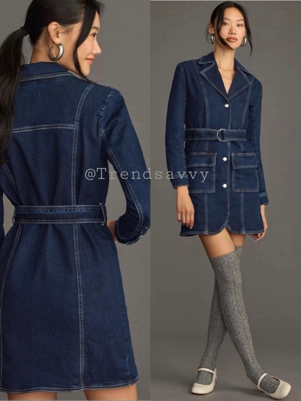 Anthropologie Belted Denim Blazer Mini Dress Button Front Dark Wash Small NWT